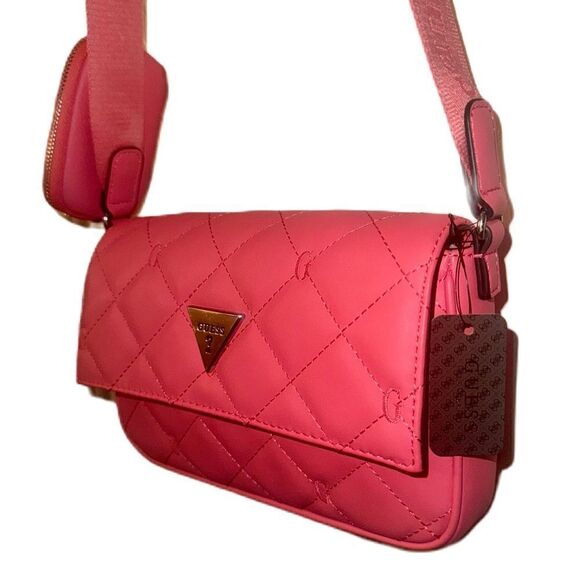 GUESS Colton Crossbody Pink Faux Leather Quilted Flap Shoulder Bag & Mini Pouch - Picture 5 of 16